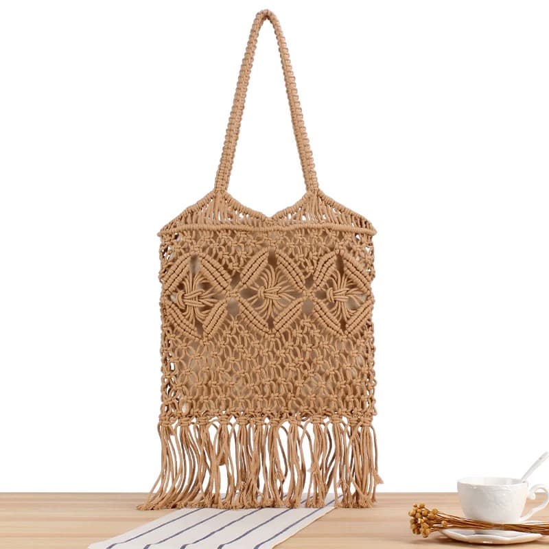 NWC-1064 Camel Lastikli Astarlı El Örgüsü Hasır Çanta 30x30x15 cm görsel 4