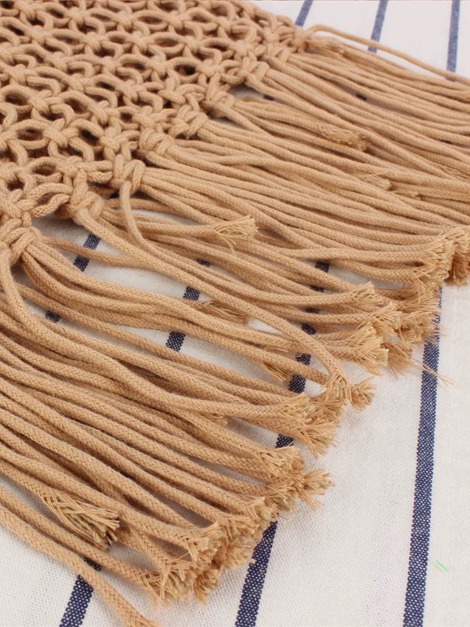 NWC-1064 Camel Lastikli Astarlı El Örgüsü Hasır Çanta 30x30x15 cm görsel 5