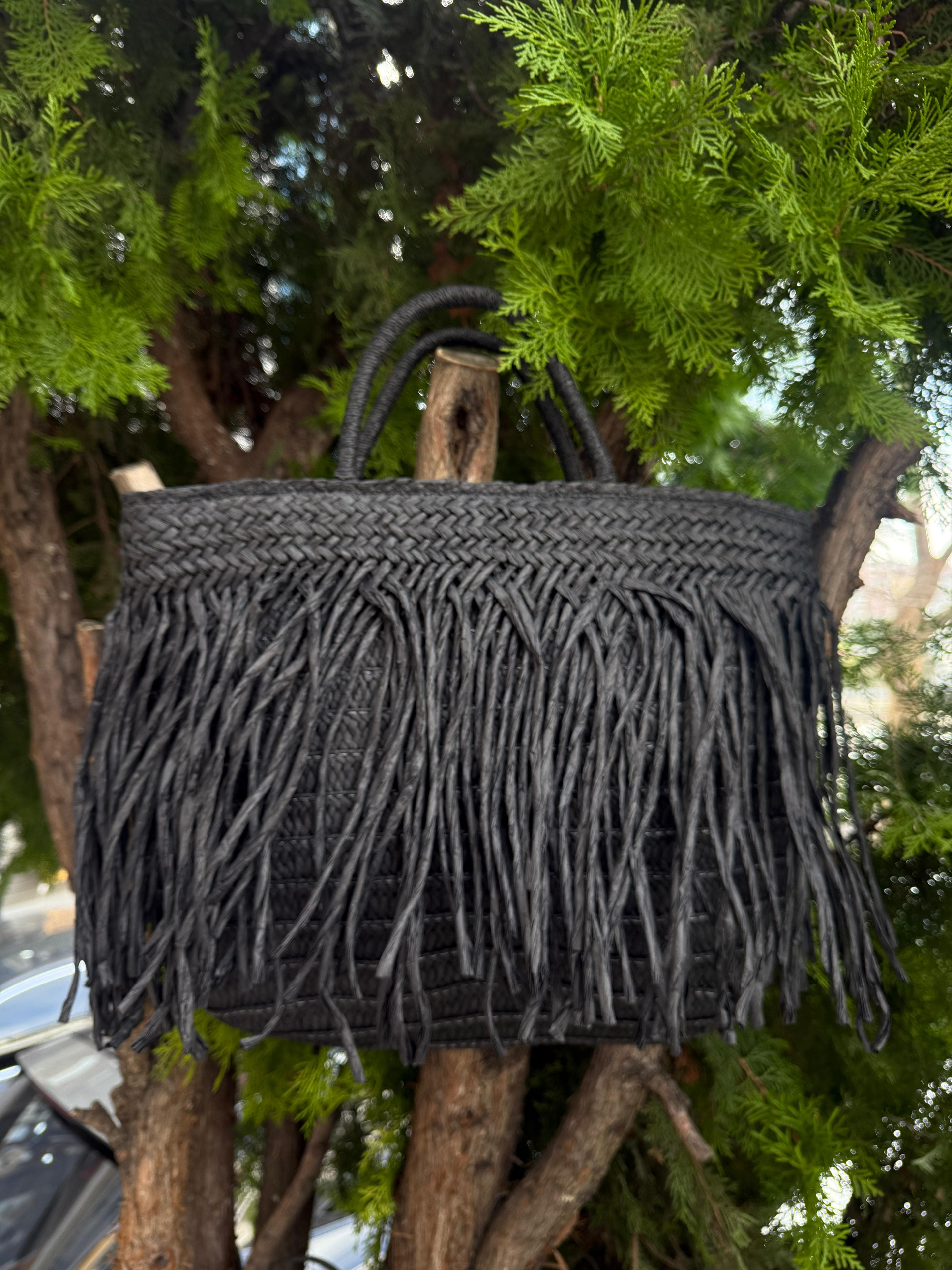 NWC-1066 Siyah Saçaklı Hasır Çanta 41x29 cm görsel 5