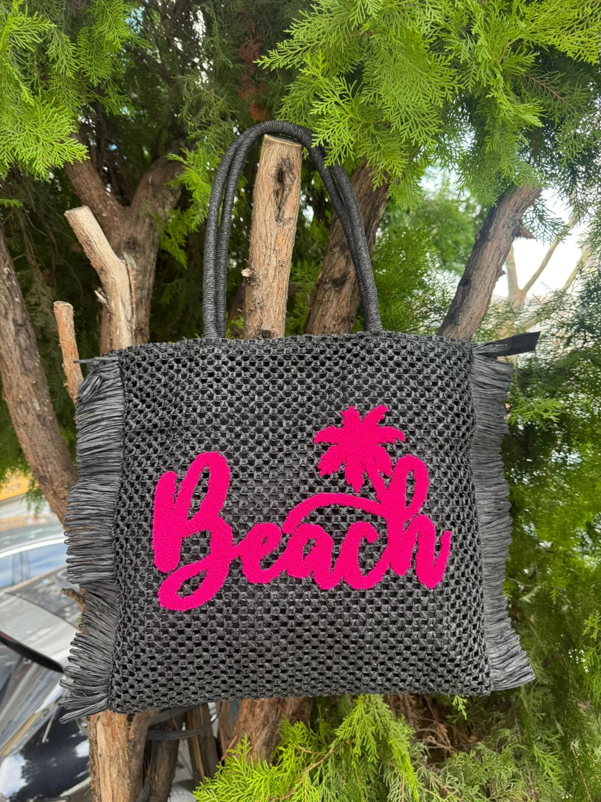 NWC-1073 Siyah Beach Yazılı Hasır Çanta 47x44 cm görsel 2