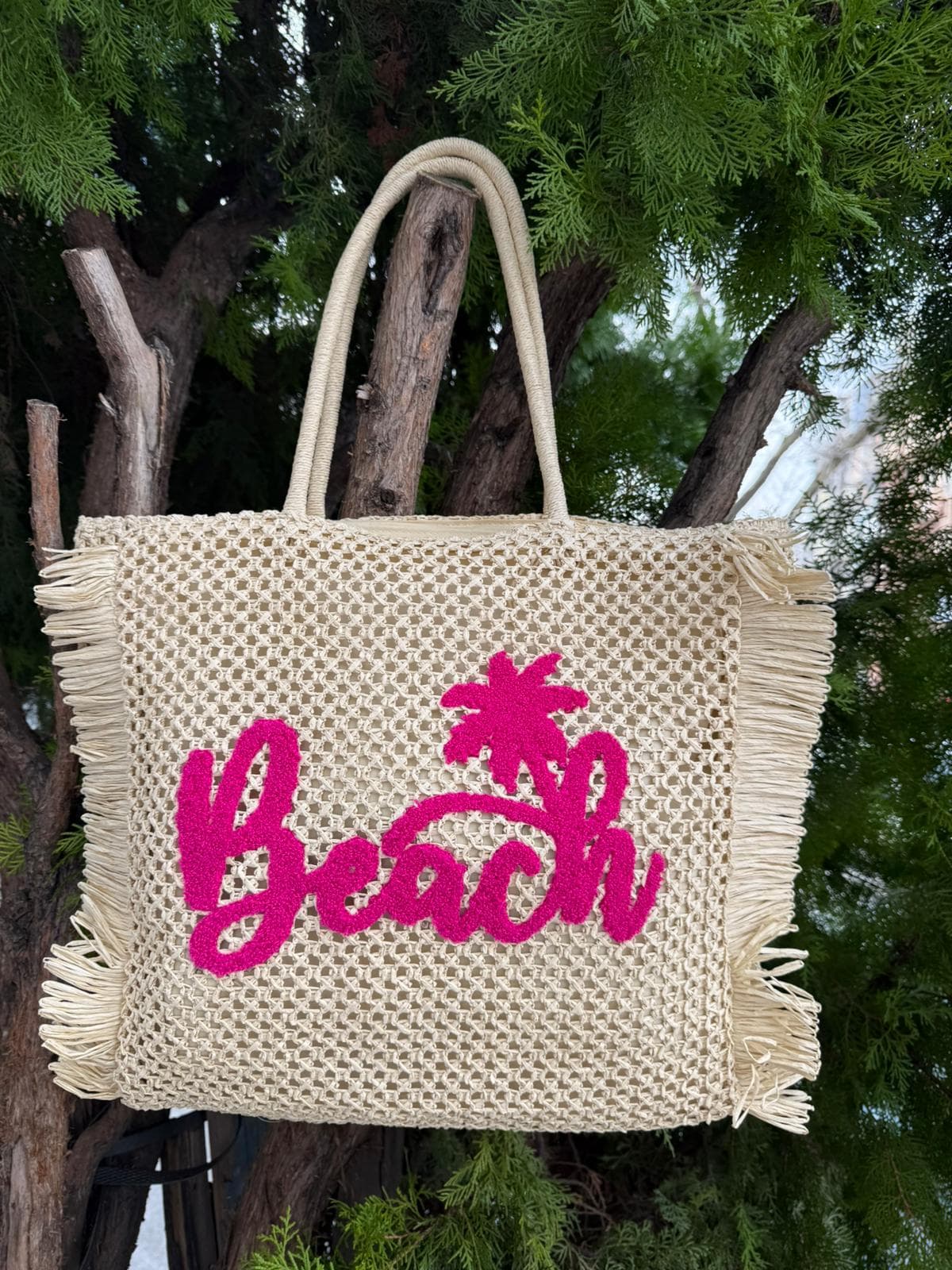 NWC-1073 Bej Beach Yazılı Hasır Çanta 47x44 cm görsel 2