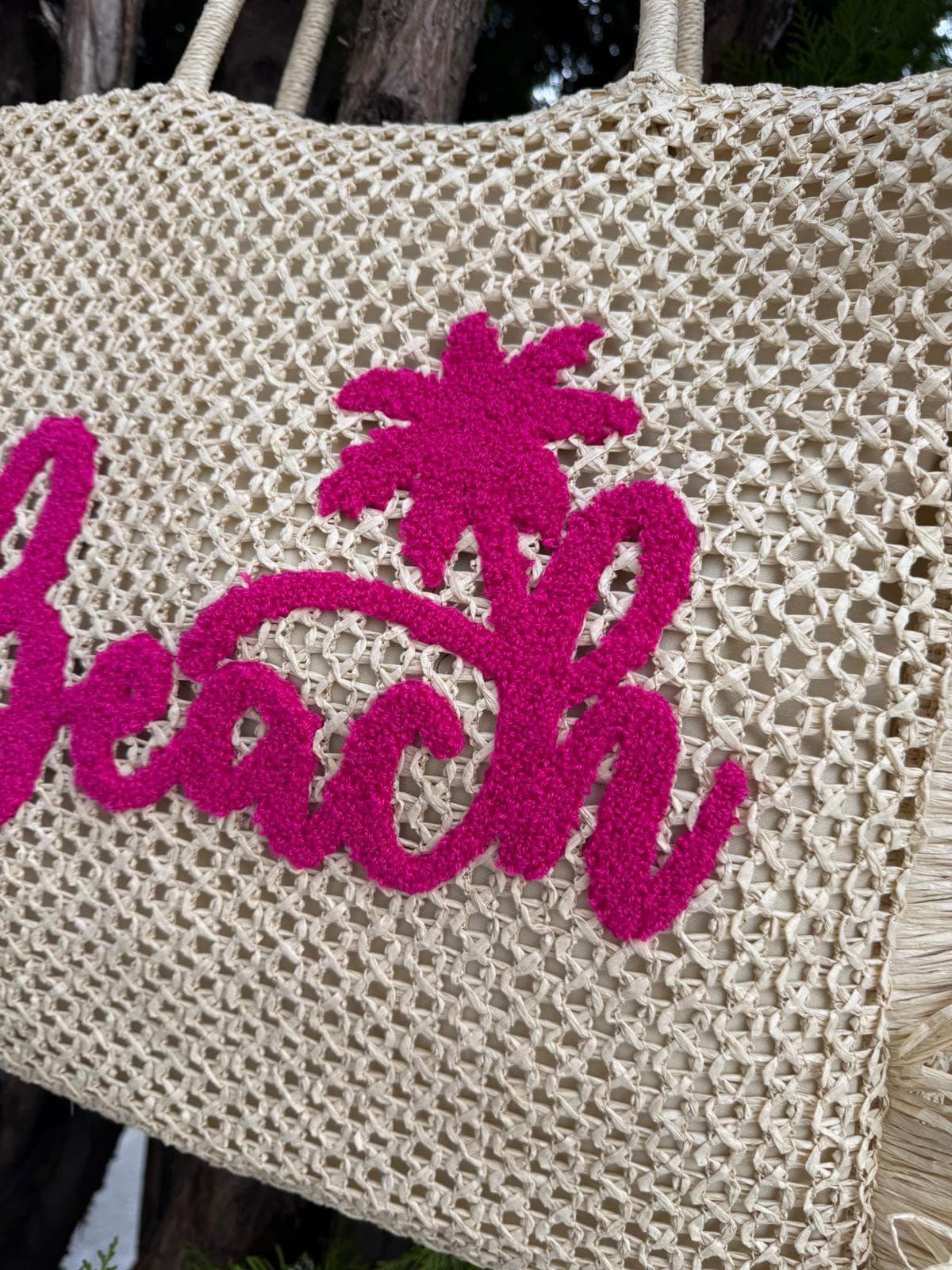 NWC-1073 Bej Beach Yazılı Hasır Çanta 47x44 cm görsel 3