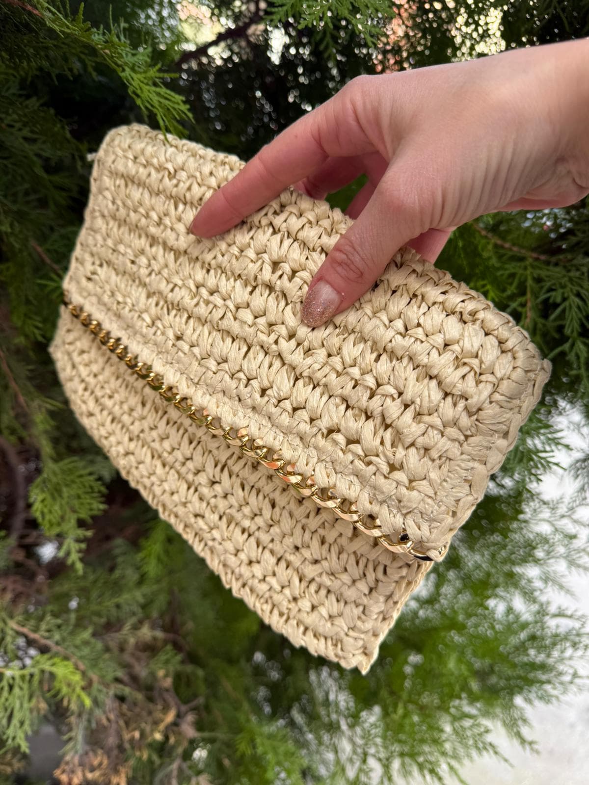 NWC-1075 Bej El Örgüsü Hasır Çanta 27x19x31 cm görsel 3