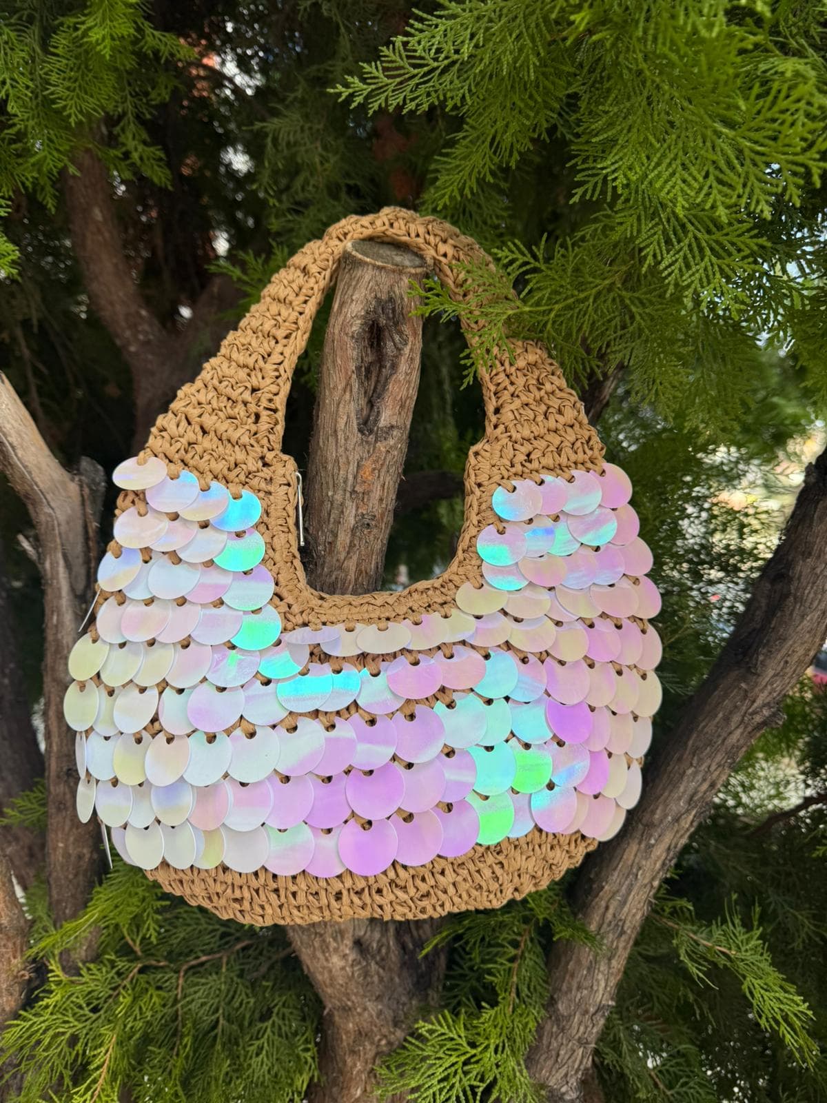 NWC-1056 Camel Pul Payetli Hasır El Çantası 43x30 cm görsel 2