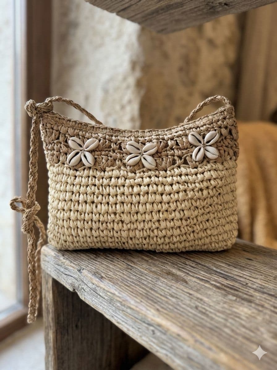 NWC-1076 Bej Denizkabuğu Detaylı El Örgüsü Hasır Çanta 28x21 cm