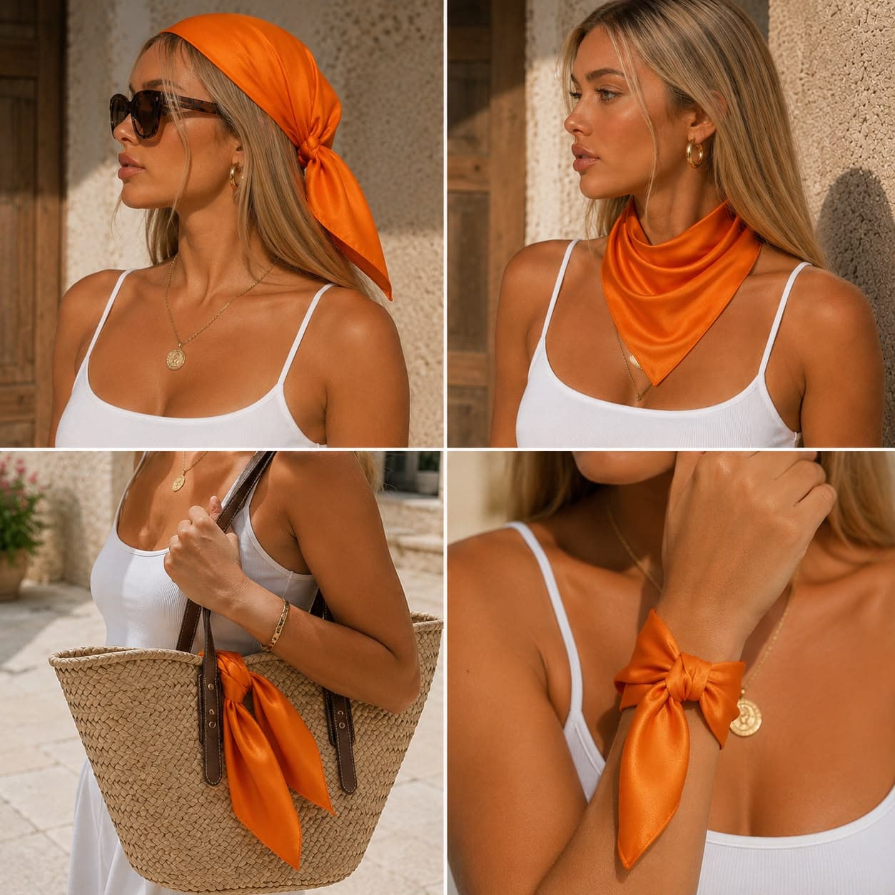 13731 Turuncu Saten Bandana Fular 50x50 cm görsel 4
