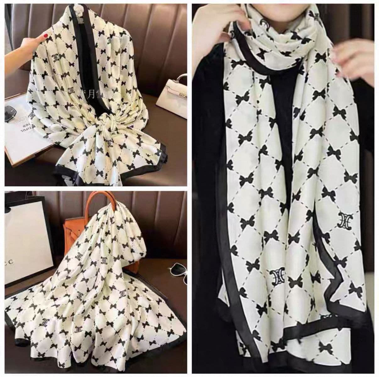 15398 Ekru Fiyonk Desenli Saten Şal 90x180 cm görsel 2