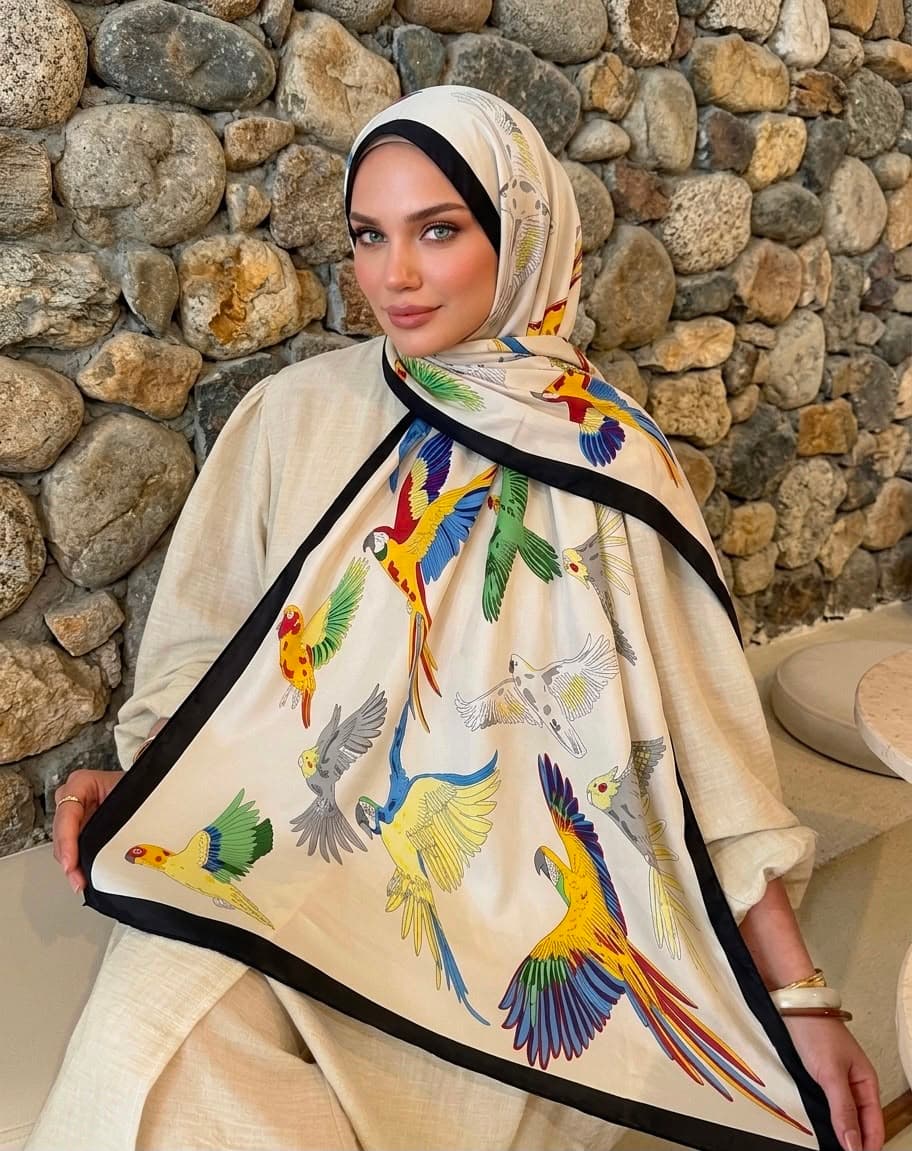 15396 Ekru Kuş Desenli Saten Şal 90x180 cm