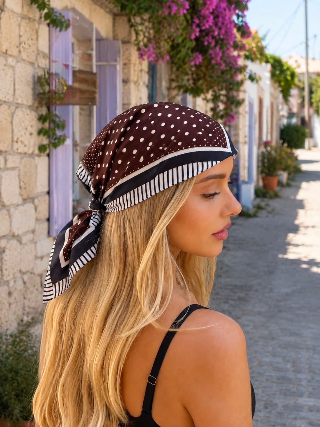 15408 Puantiyeli Kahverengi Bandana Fular 50x50 cm görsel 3