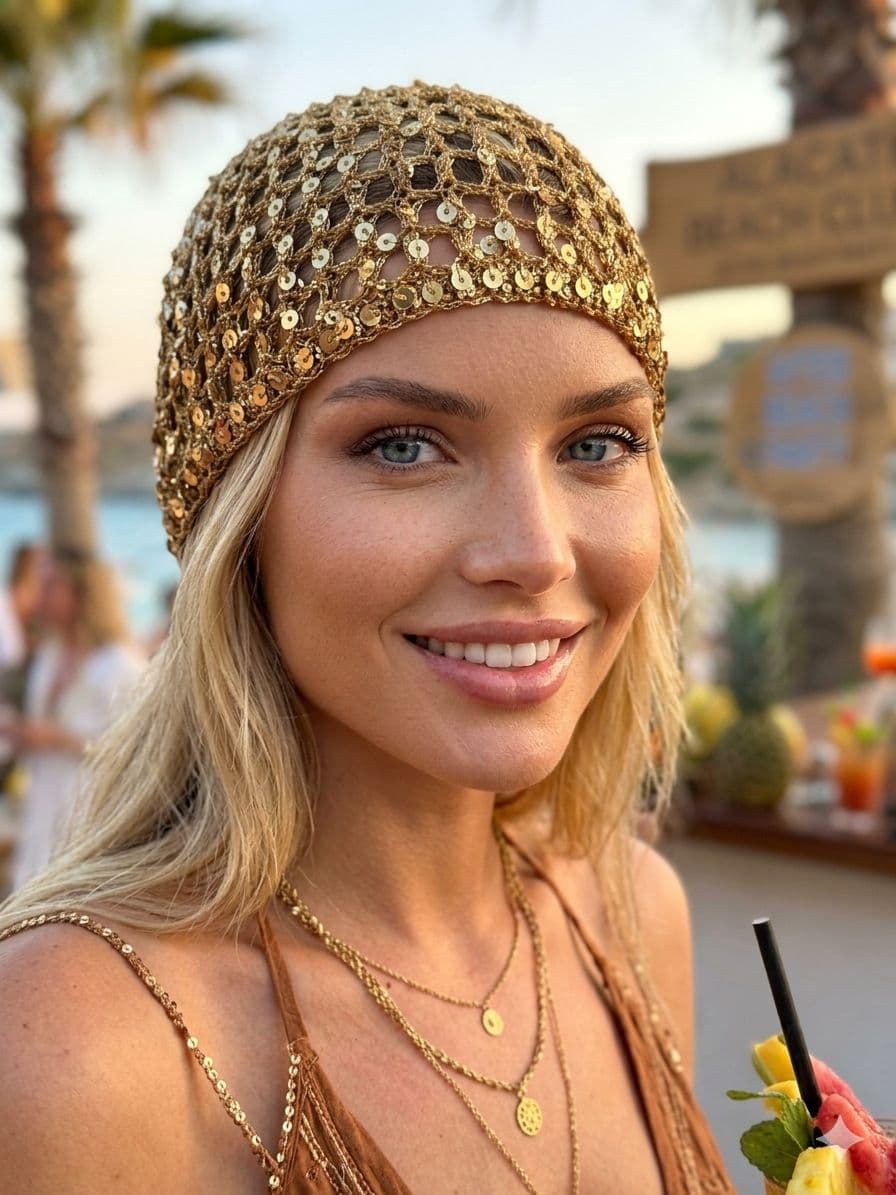 19069 Taba El Yapımı Pul Payetli Örgü Bere Şapka Bandana