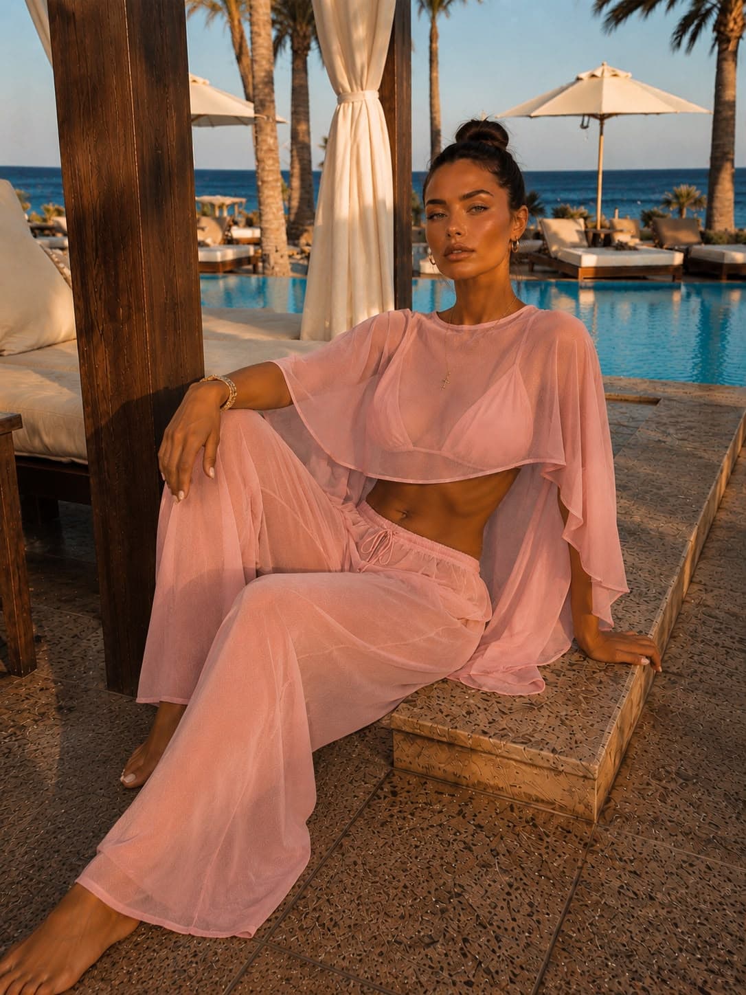 TAKIM001 Pembe Şifon Kumaş Bluz Pantolon İkili Takım M-L Beden görsel 2