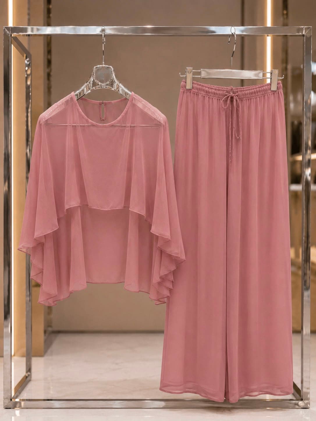 TAKIM001 Pembe Şifon Kumaş Bluz Pantolon İkili Takım M-L Beden görsel 4
