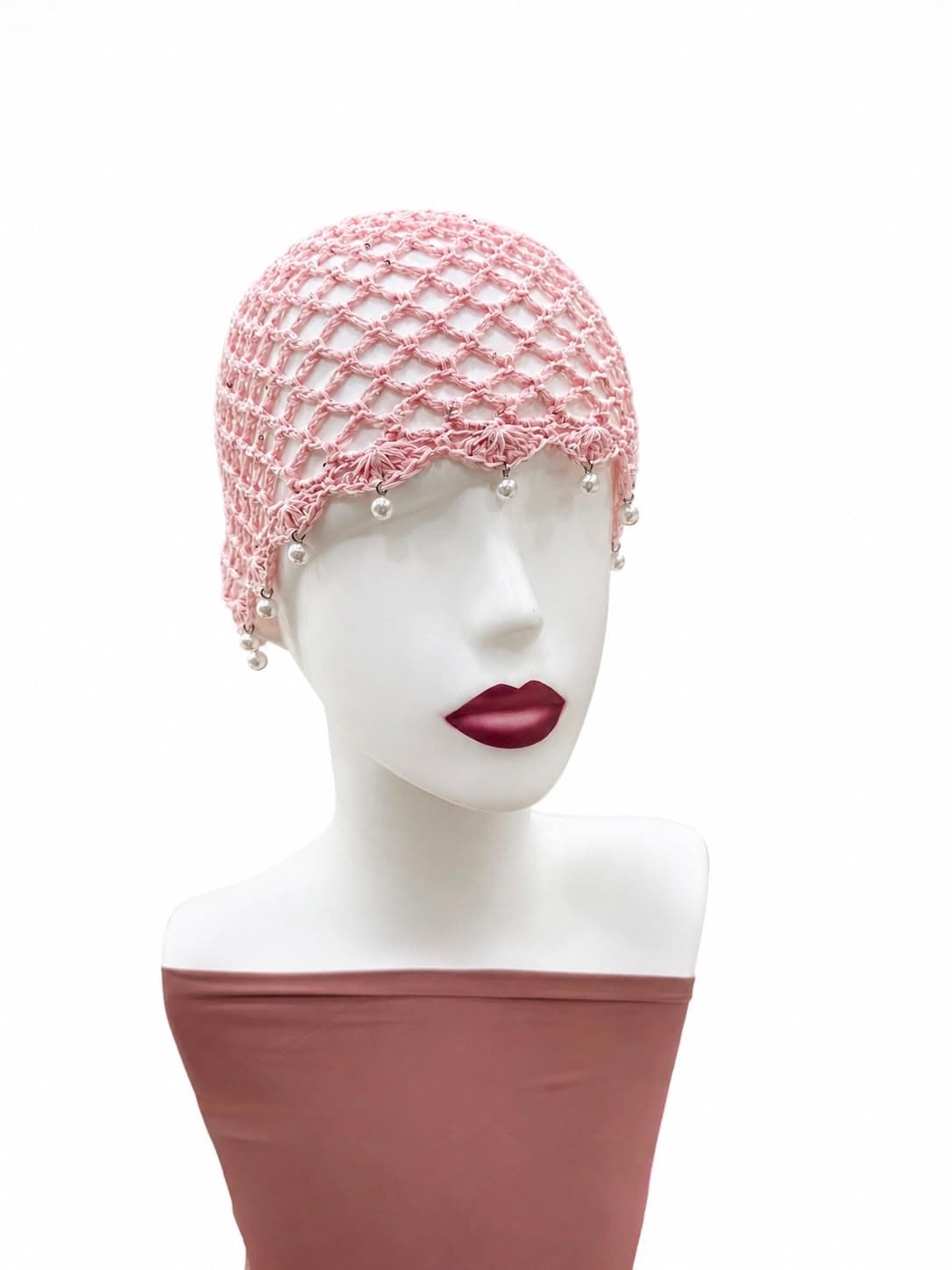 19076 Pembe Saçak Taşlı File Bandana Şapka Bere 24x20 cm görsel 3