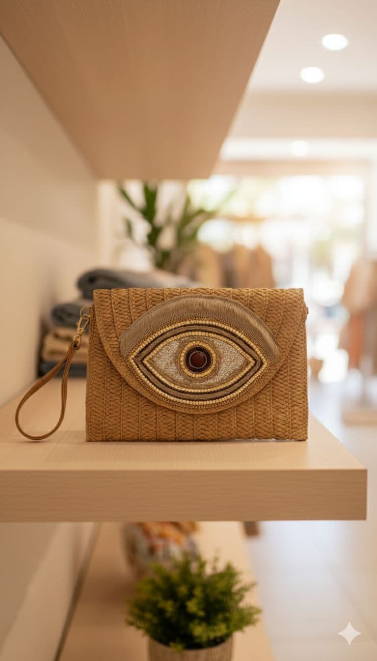 NWC-1078 Camel Göz Detaylı Hasır Çanta 27x37x19,5 cm görsel 2