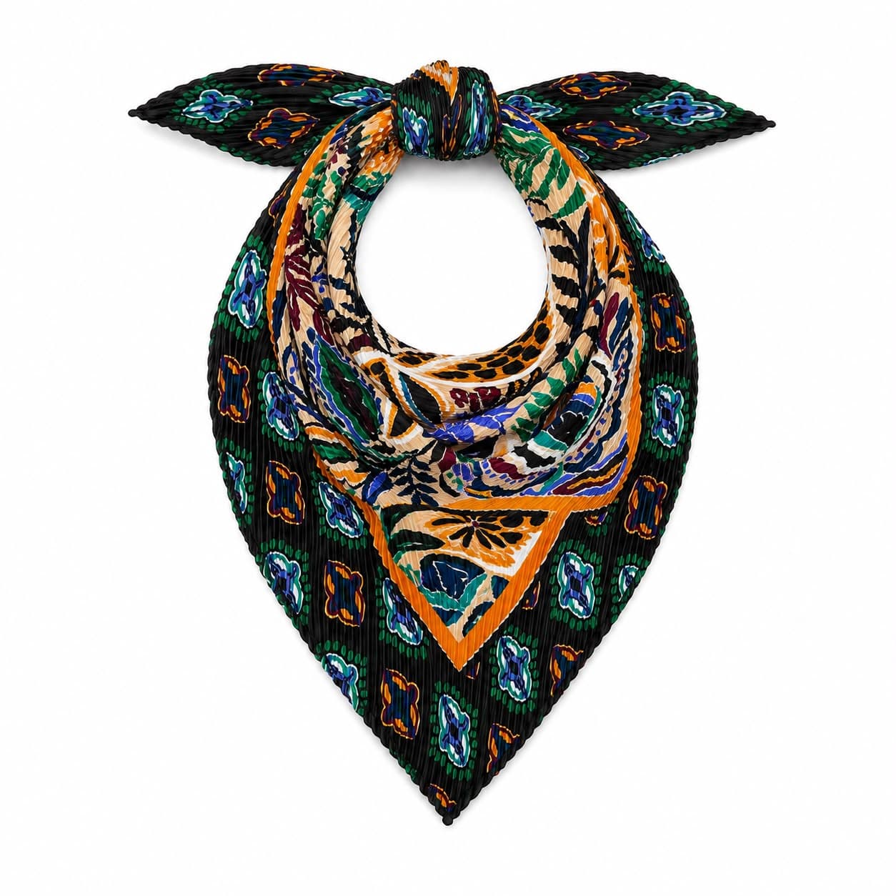13943-1 Pliseli Etnik Desenli Safran Saten Bandana Fular 50x50 cm