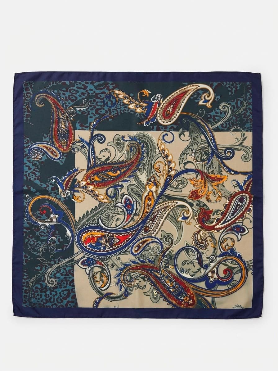 13458-7 Etro Desenli Lacivert Saten Bandana Fular 70x70 cm görsel 4
