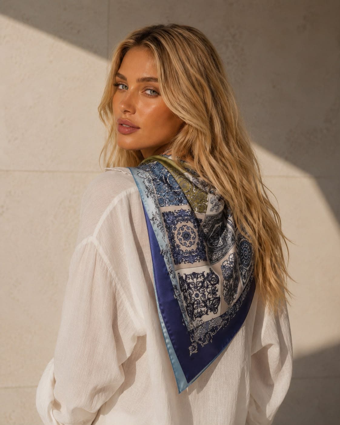 15415 Etnik Desen Lacivert Bandana Fular 70x70 cm