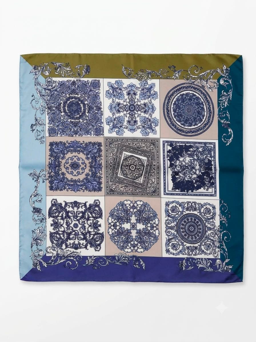 15415 Etnik Desen Lacivert Bandana Fular 70x70 cm görsel 4