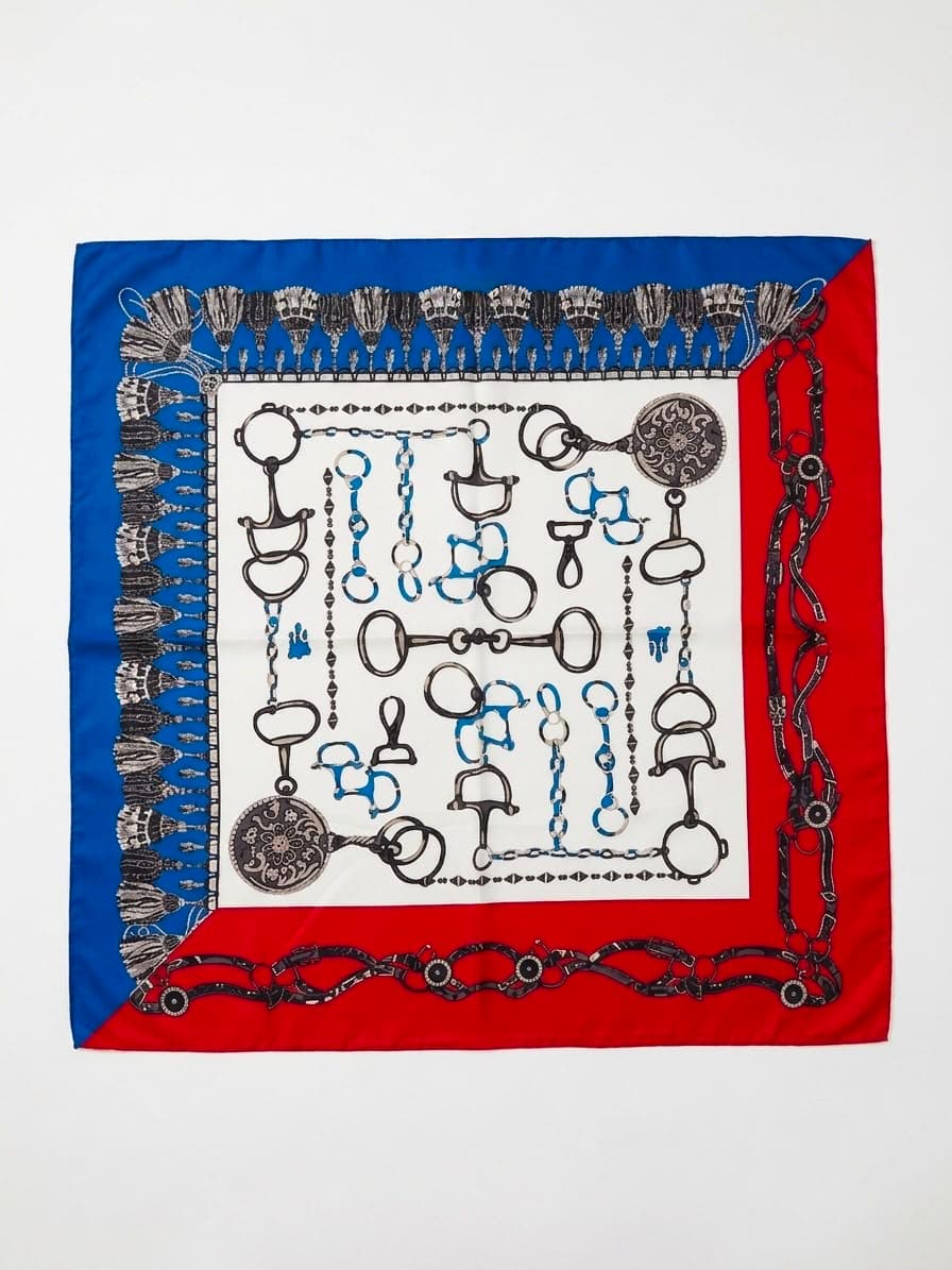 15416 Zincir Desenli Kırmızı-Mavi Bandana Fular 70x70 cm görsel 4