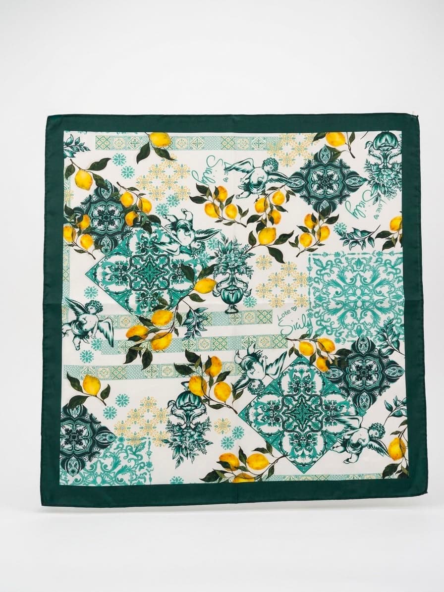 15417 Limon Desenli Yeşil Bandana Fular 70x70 cm görsel 4