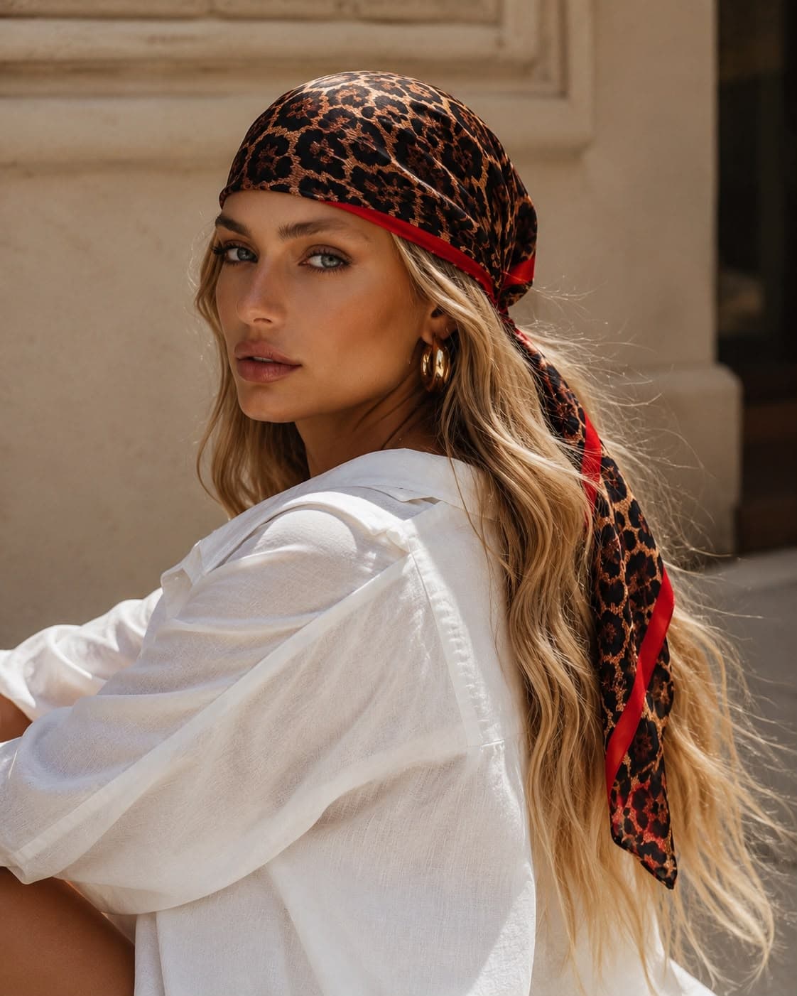 15418 Leopar Desenli Vizon Bandana Fular 70x70 cm görsel 5