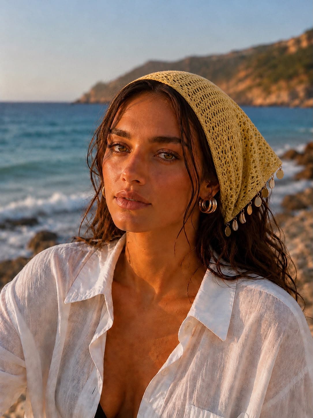 File006-6 Sarı Deniz Kabuklu File Örgü Delikli Saç Bandanası