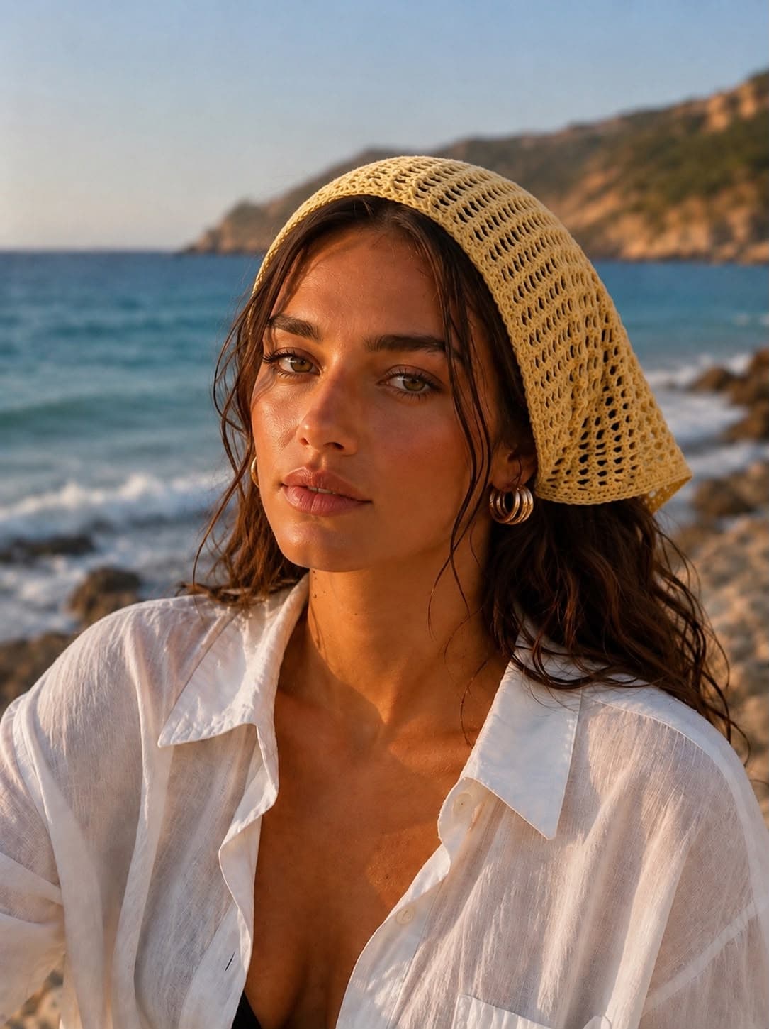 File006 Sarı File Örgü Delikli Saç Bandanası
