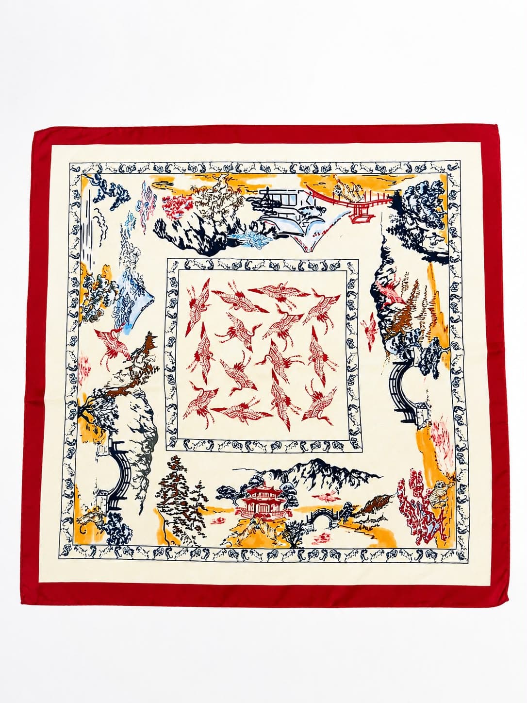 13465-7 Etnik Desenli Kırmızı Kenarlıklı Saten Bandana Fular 70x70 cm görsel 5