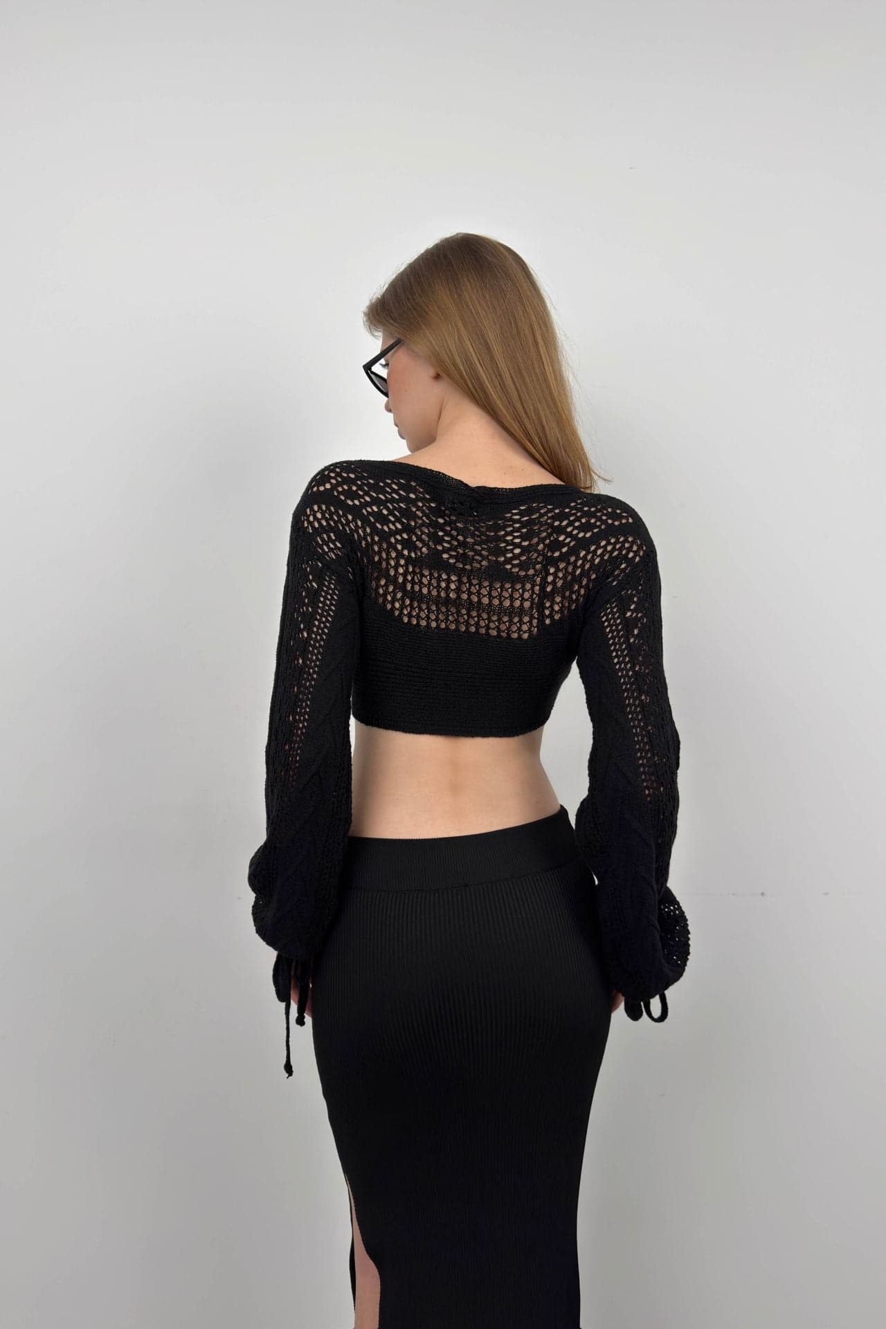 Örgü Detay Crop Triko Bluz görsel 4
