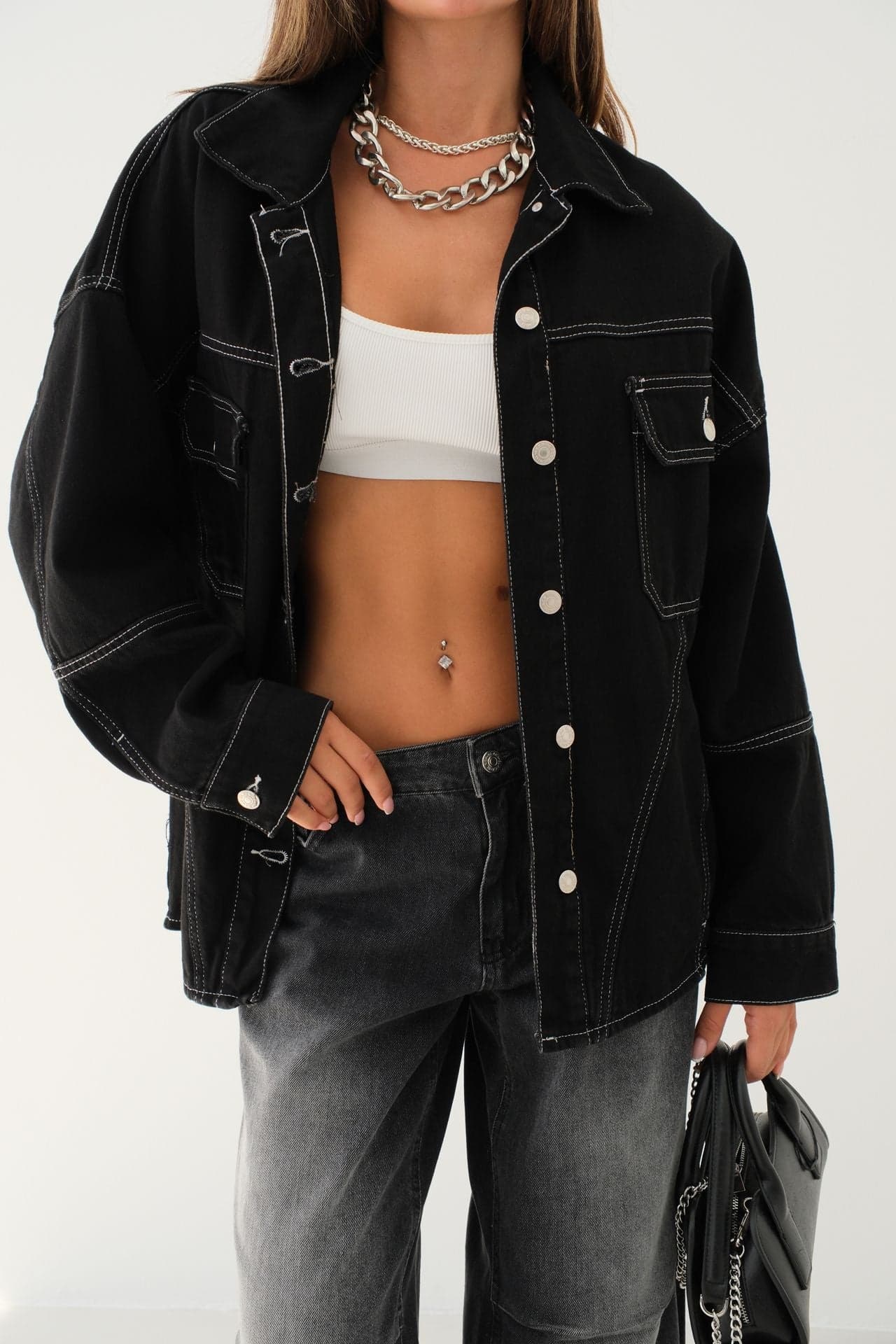 Dikiş Detay Oversize Denim Ceket görsel 4