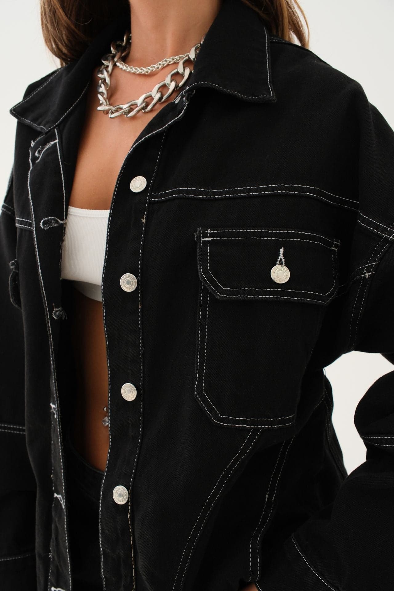Dikiş Detay Oversize Denim Ceket görsel 5