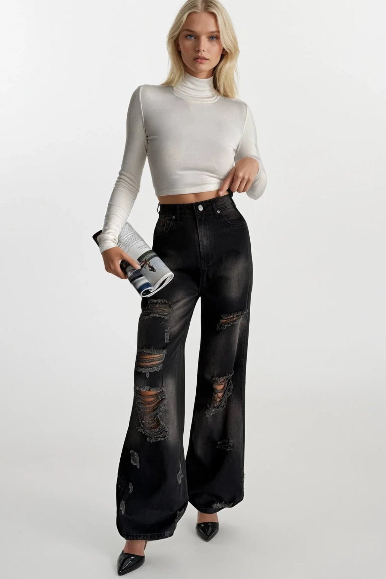 Lazer Kesim Wide Leg Yüksek Bel Jean