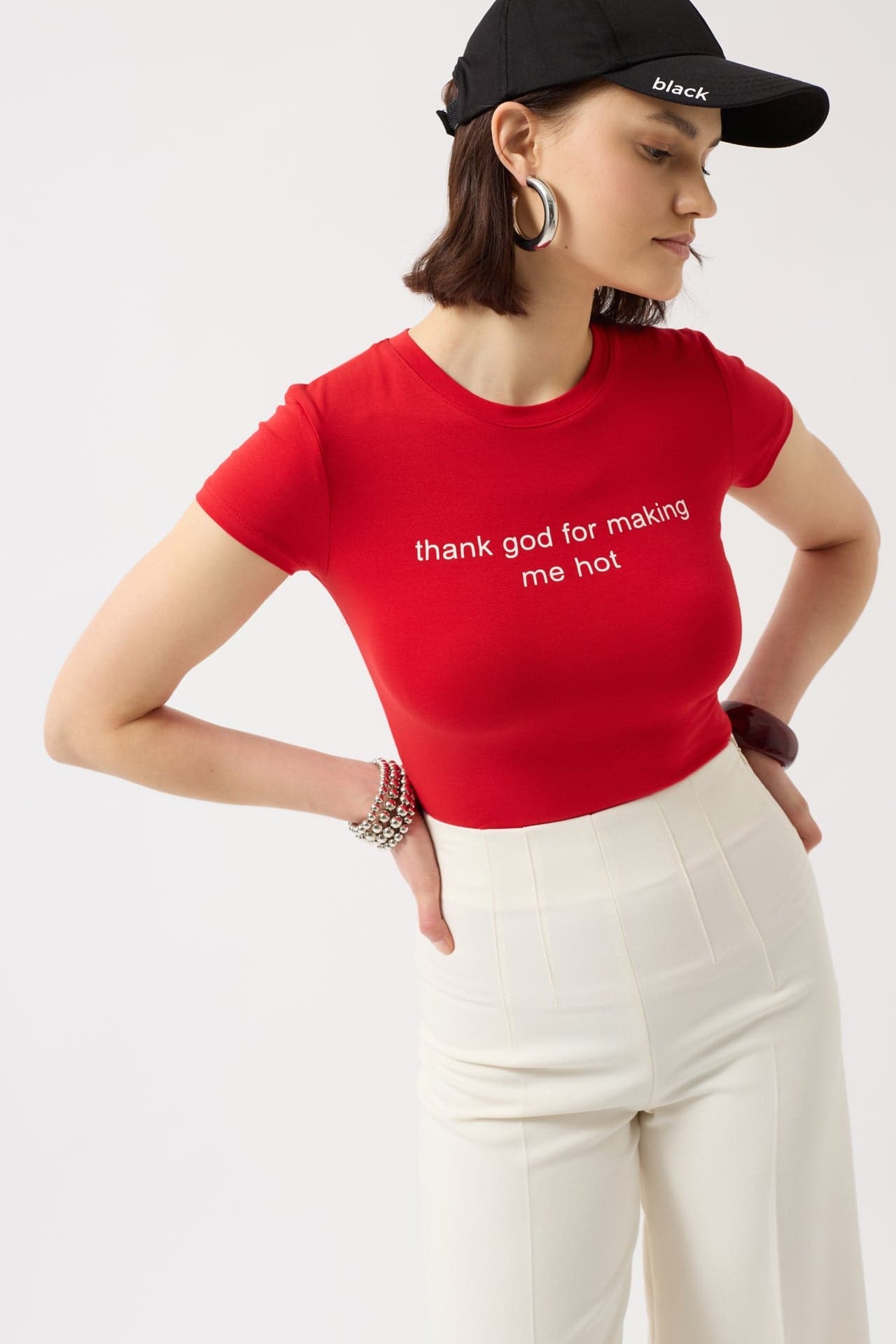 Thanks God Baskılı Likralı Crop T-Shirt görsel 1