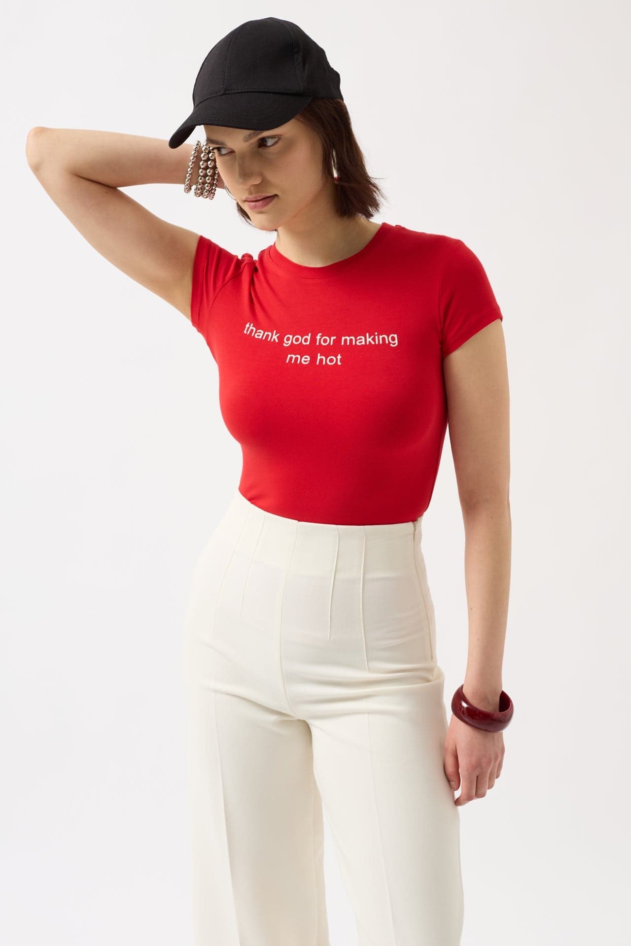 Thanks God Baskılı Likralı Crop T-Shirt görsel 3
