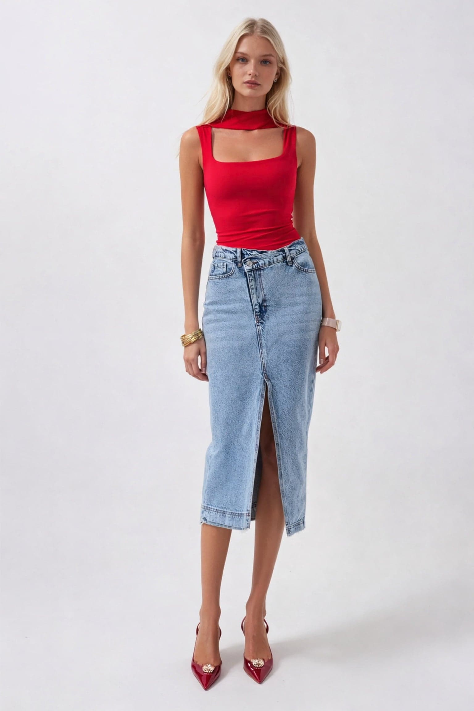 Yırtmaç Detay Denim Midi Etek görsel 3