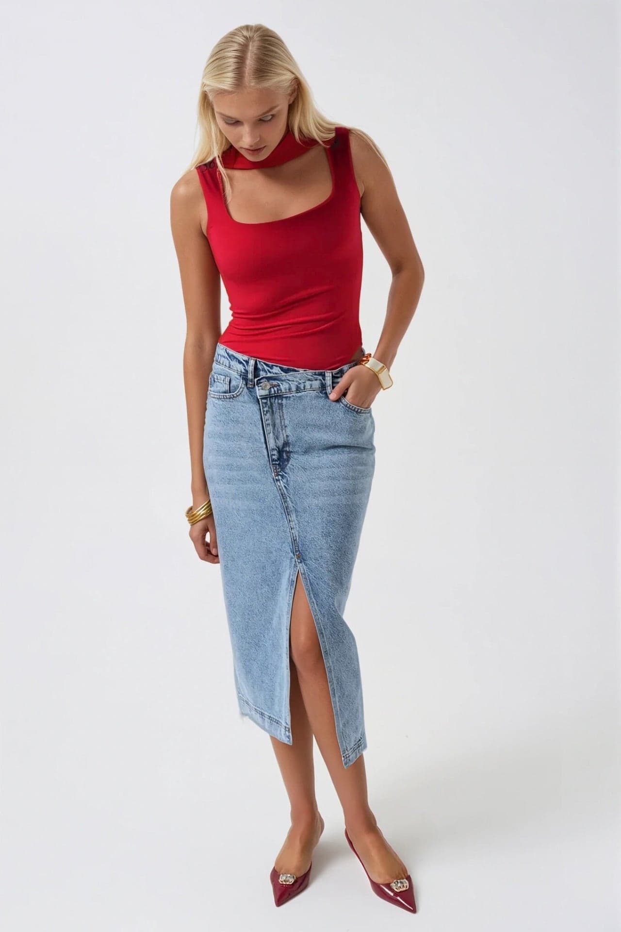Yırtmaç Detay Denim Midi Etek görsel 5