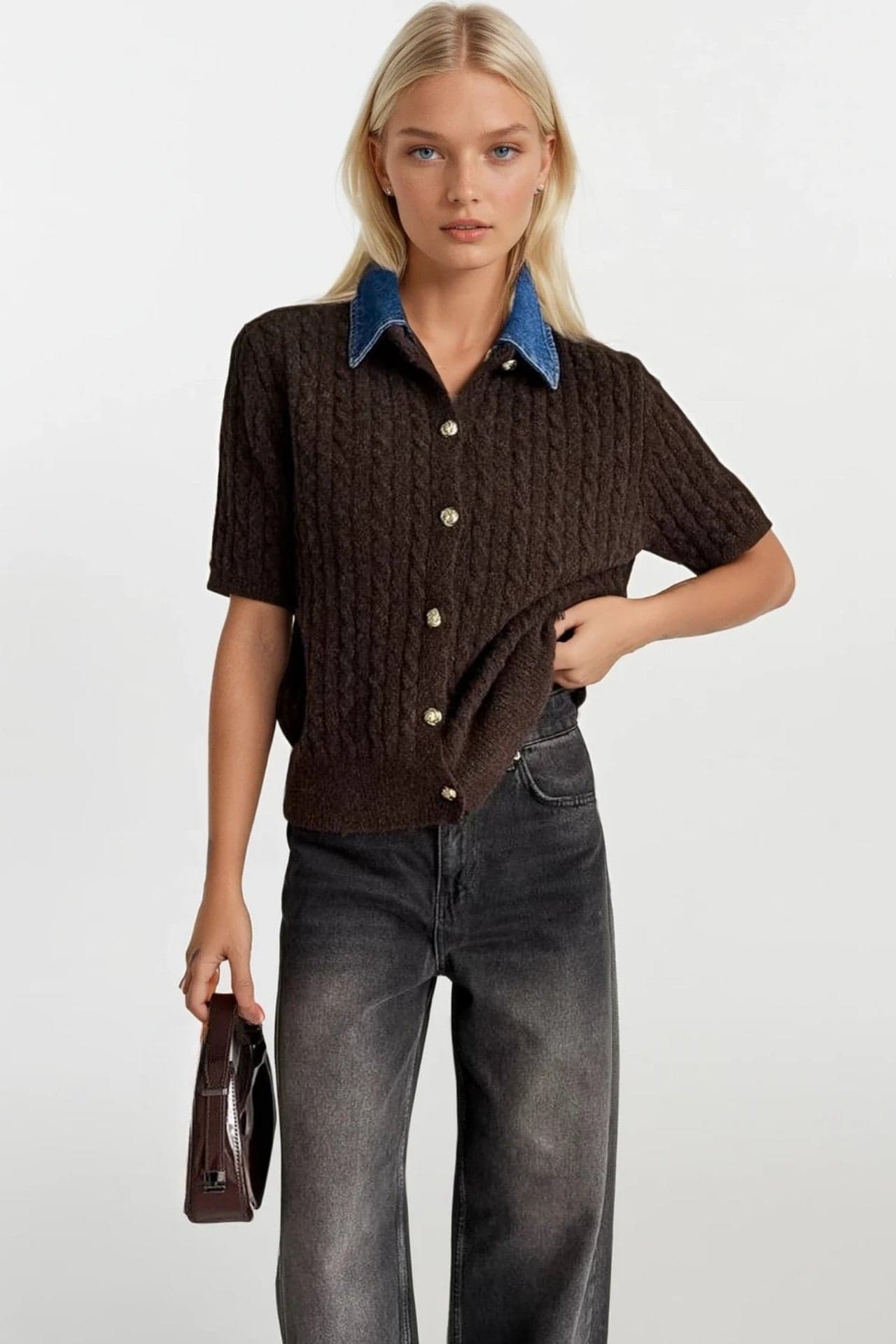 Denim Yaka Gold Düğmeli Yarım Kol Triko Hırka görsel 4
