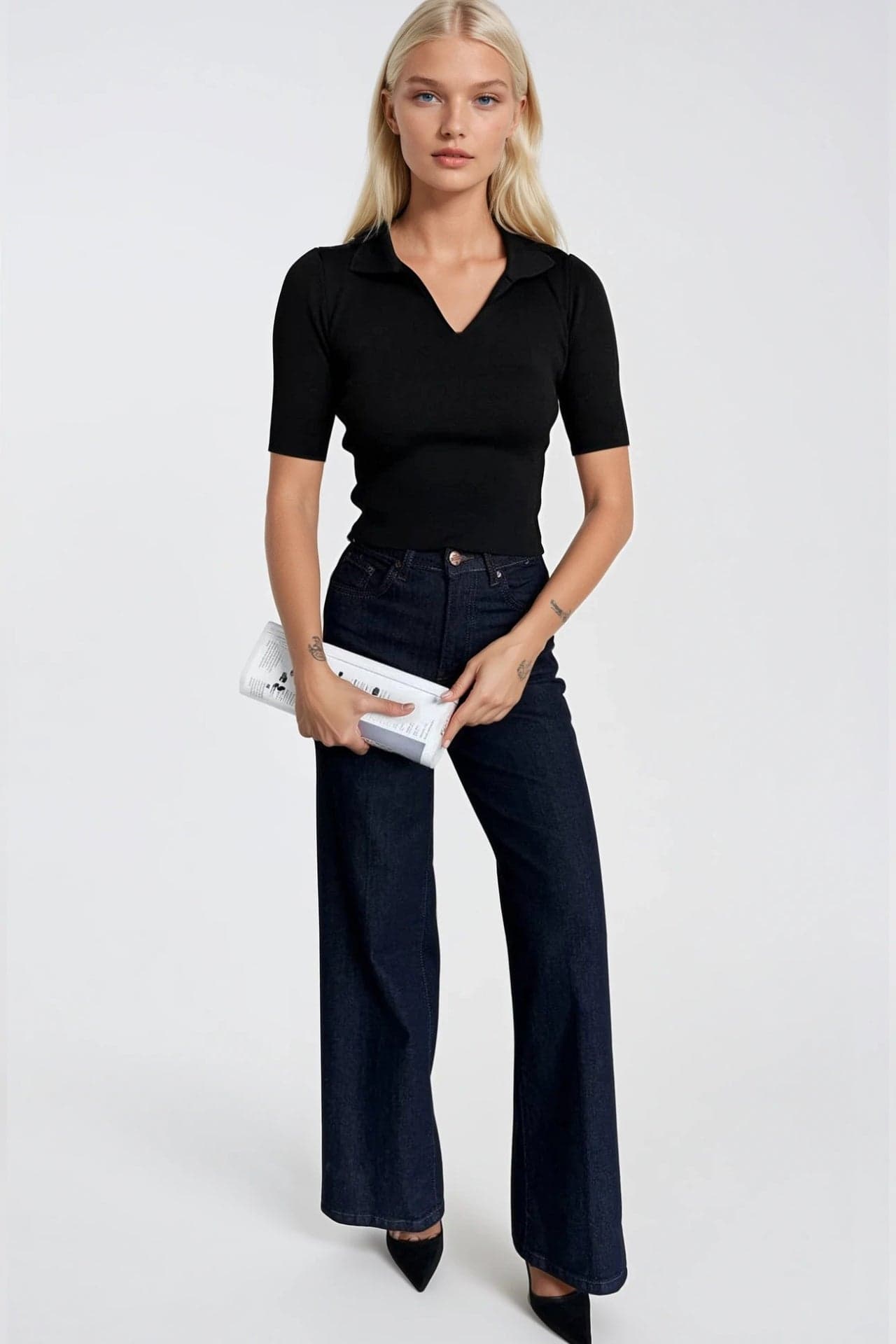 Polo Yaka Triko Crop Bluz görsel 7