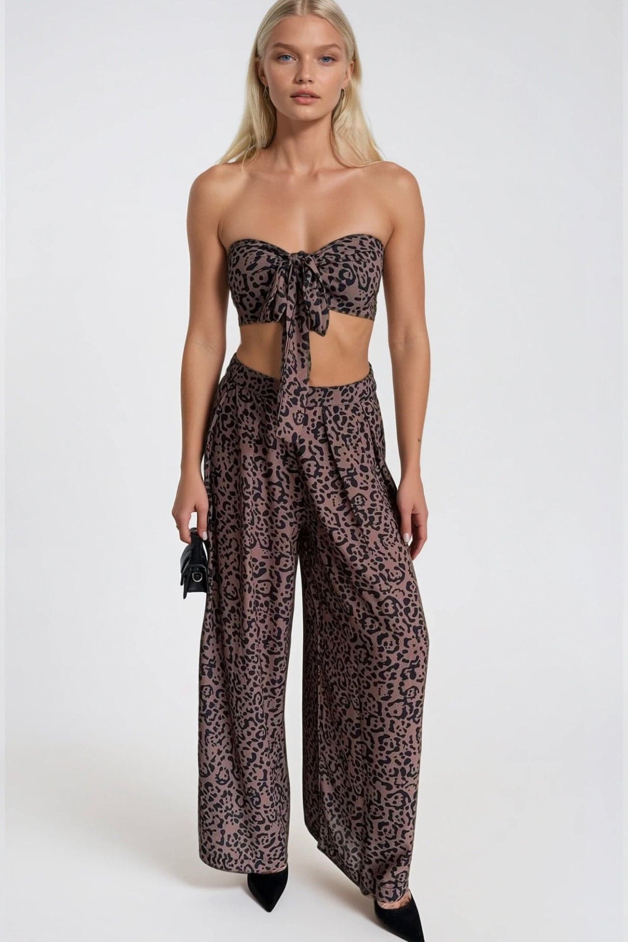 Desenli Crop Bluz Pantolon İkili Takım görsel 1