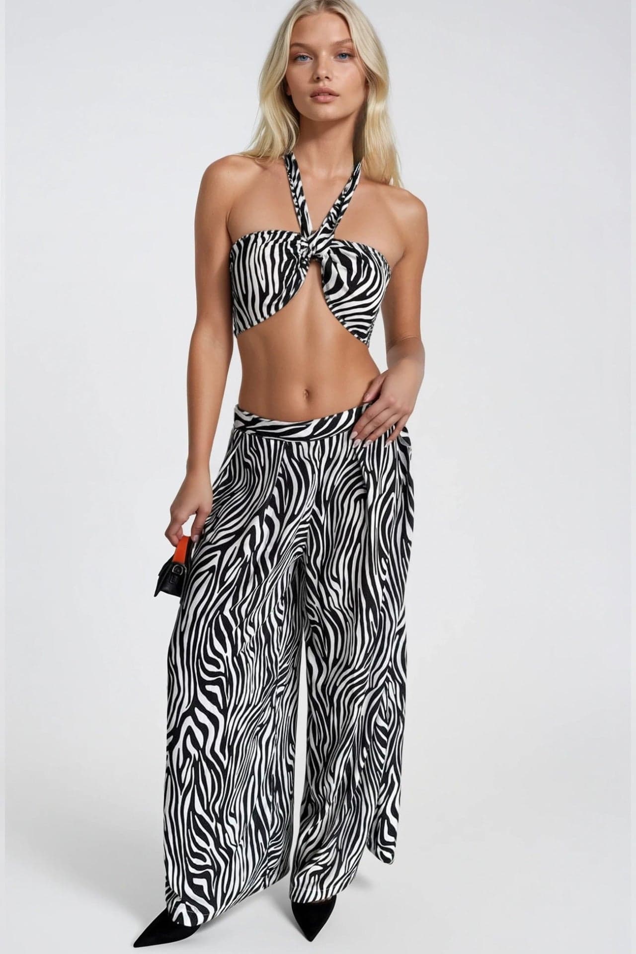 Desenli Crop Bluz Pantolon İkili Takım görsel 4