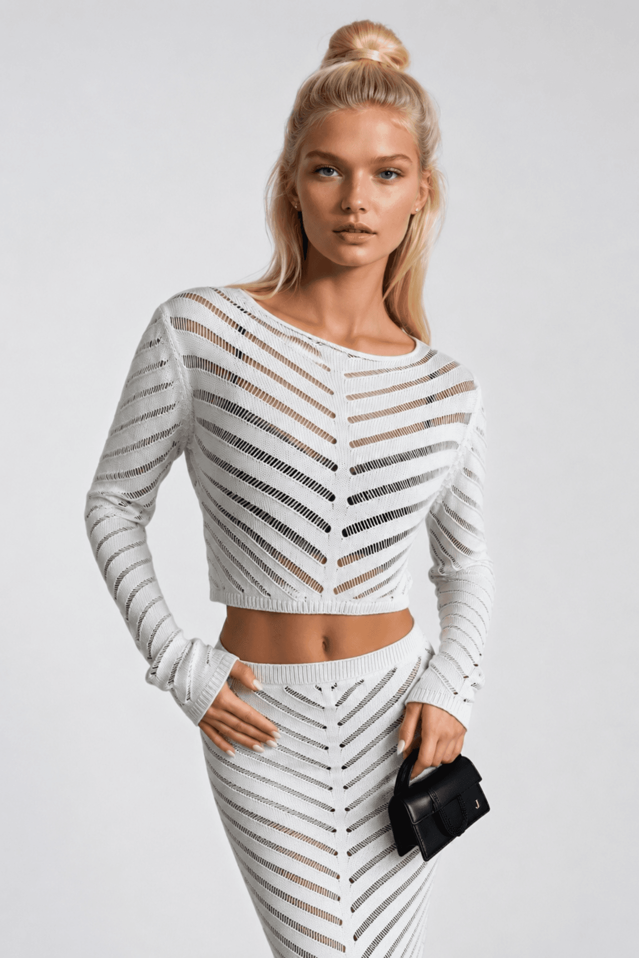 Örgü Desen Crop Bluz Maxi Etek İkili Triko Takım görsel 2