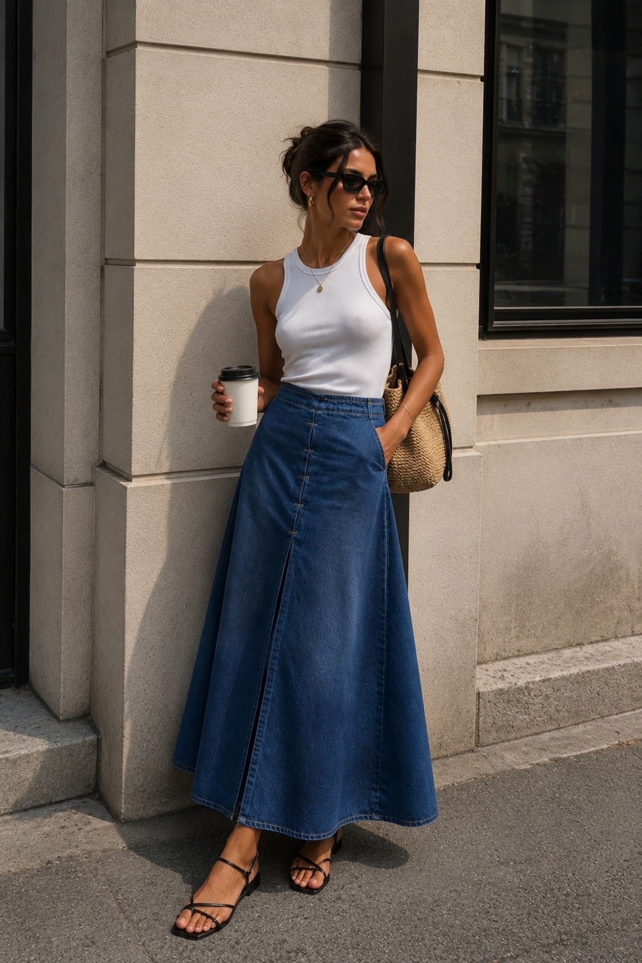 Dikiş Detay Yırtmaçlı Maxi Denim Etek görsel 4