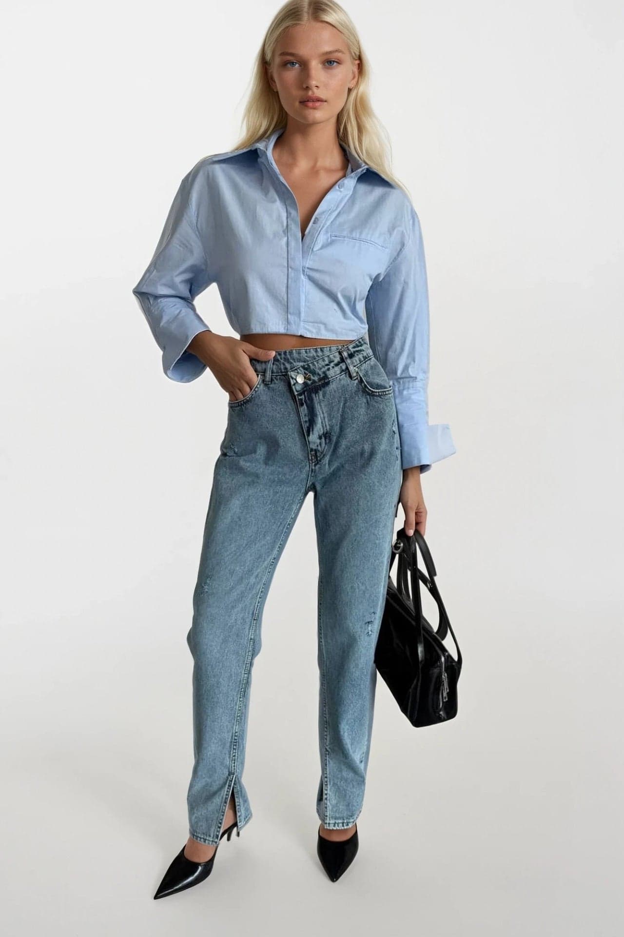 Asimetrik Bel Paça Yırtmaçlı Jean görsel 5