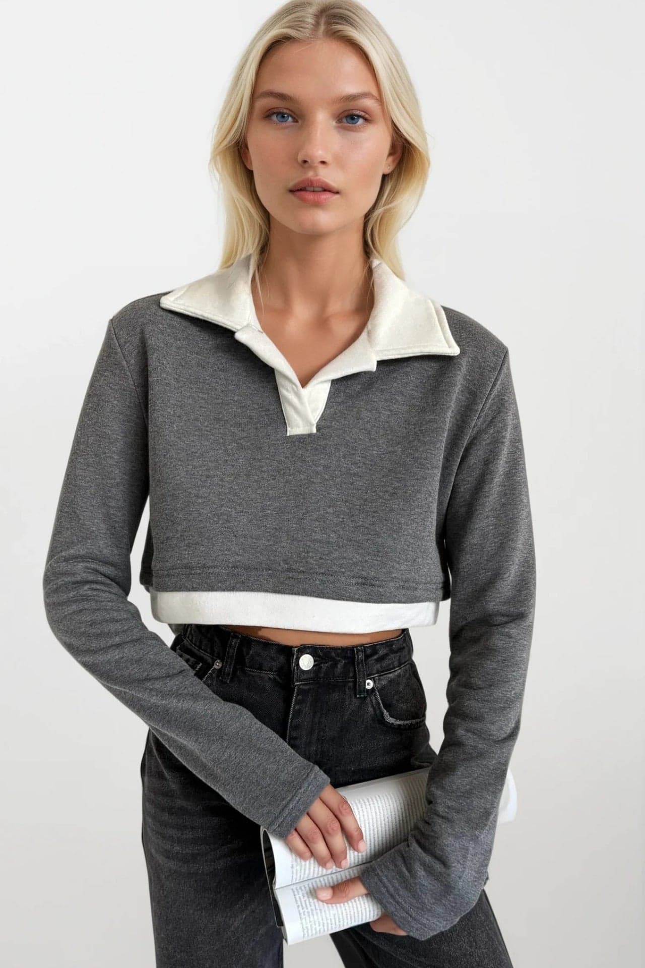 Polo Yaka Garnili Crop Sweatshirt görsel 3