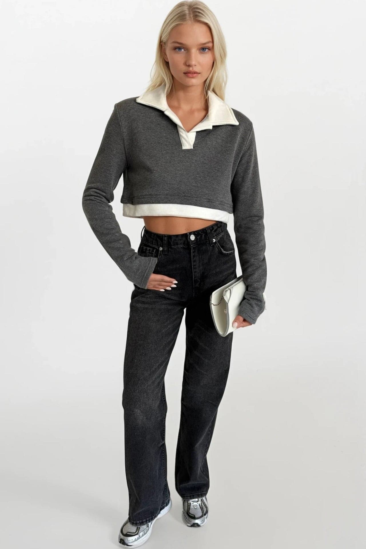 Polo Yaka Garnili Crop Sweatshirt görsel 4