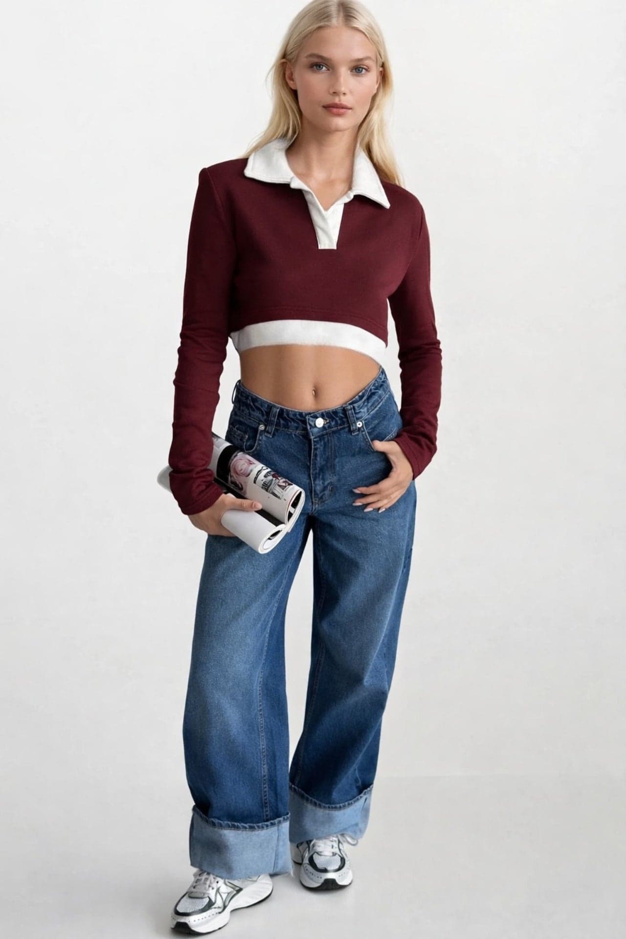 Polo Yaka Garnili Crop Sweatshirt görsel 5