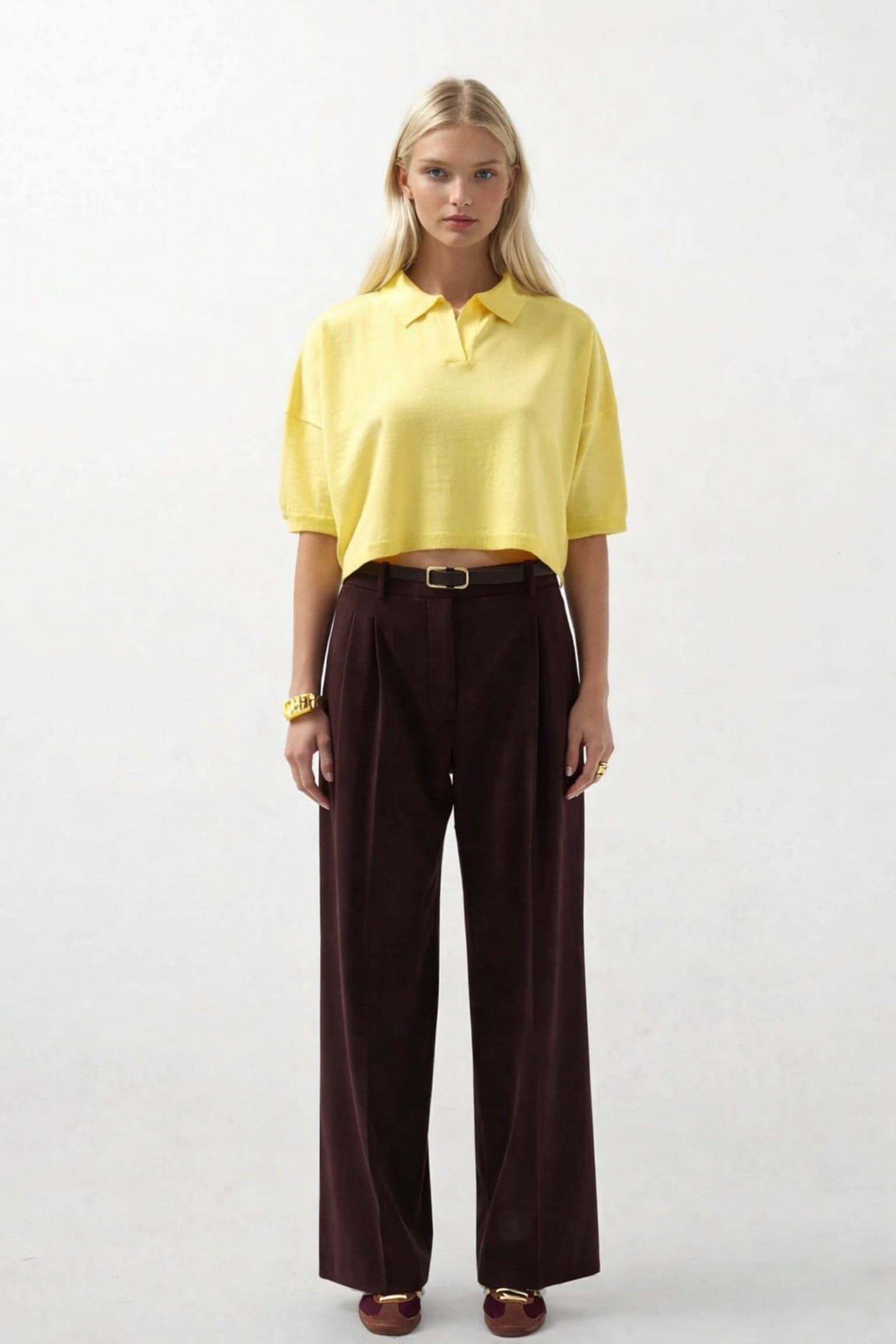 Polo Yaka Crop Dokulu Bluz görsel 1