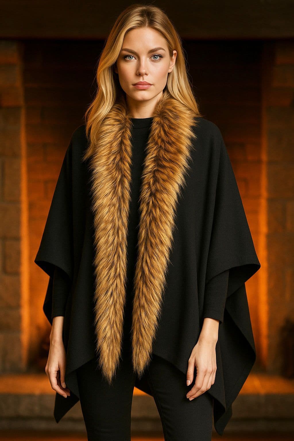 11387 Siyah-camel Yumuşak Dokulu Panço