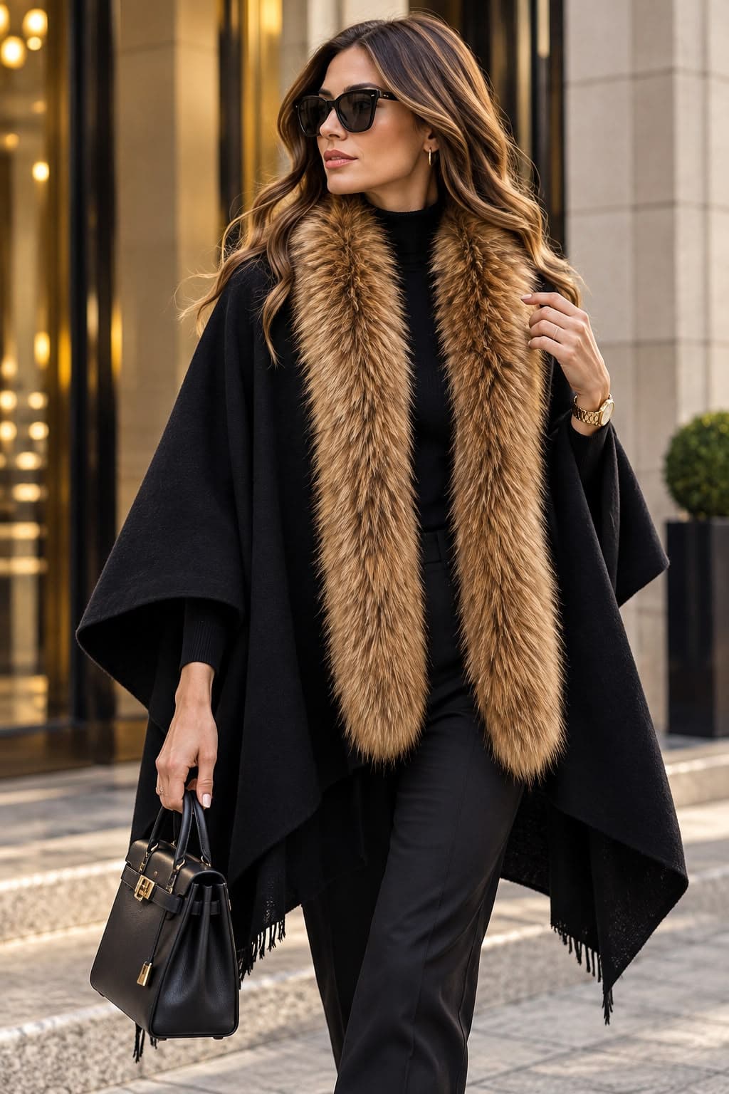 11387 Siyah-camel Yumuşak Dokulu Panço görsel 2