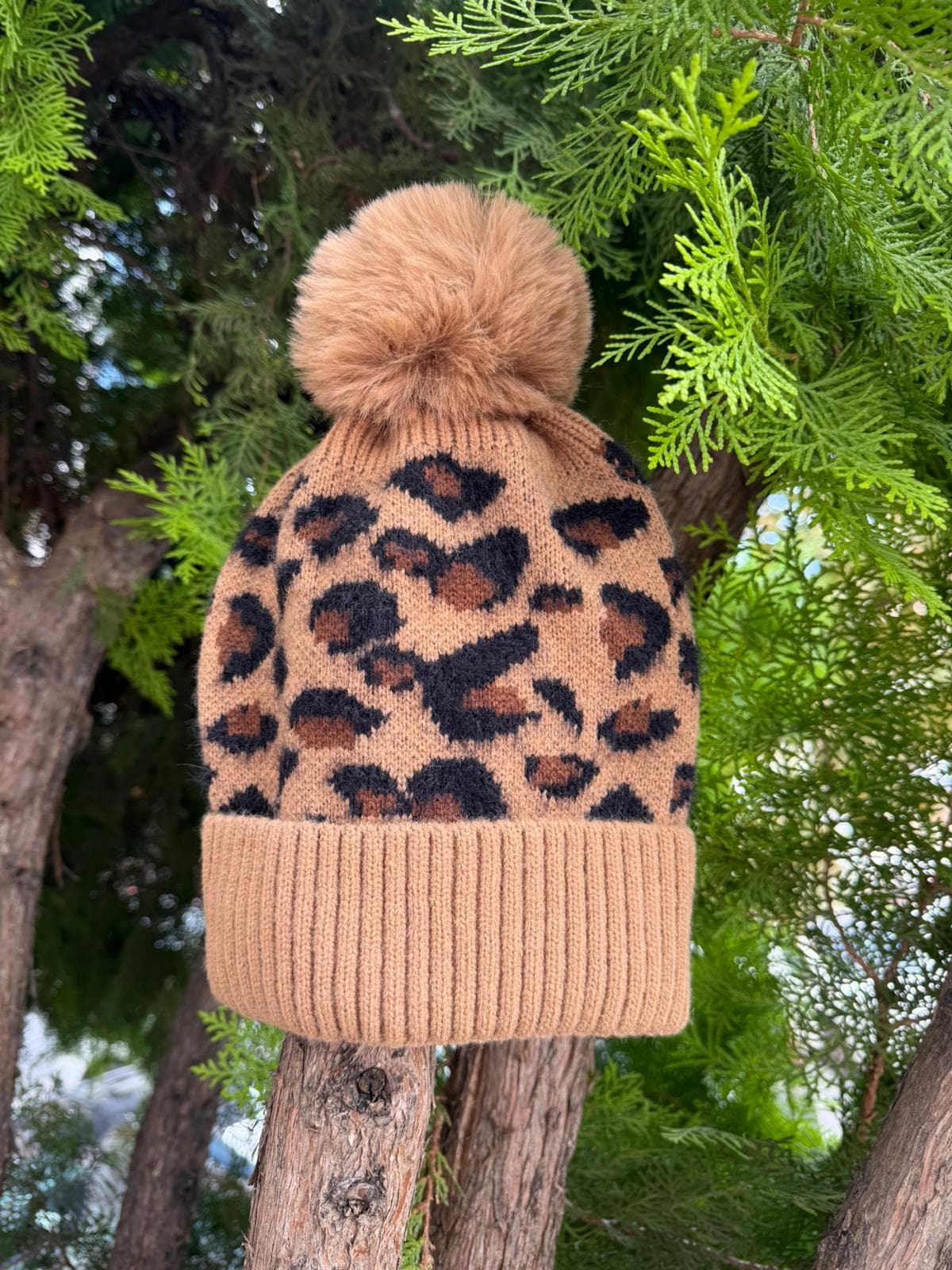 14454 Leopar Desenli Camel Triko Örgülü Bere görsel 2